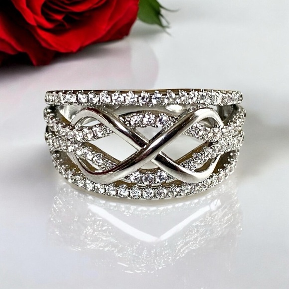 Elegant Wide Band Sterling Silver 925 Infinity Ring, Cubic Zirconia Inlaid. - Picture 1 of 7